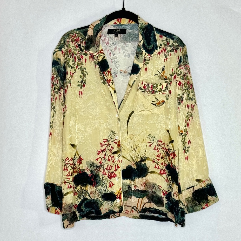 Icons Objects of Devotion Shirt Cream Vintage Floral Birds Asian SZ Extra Small